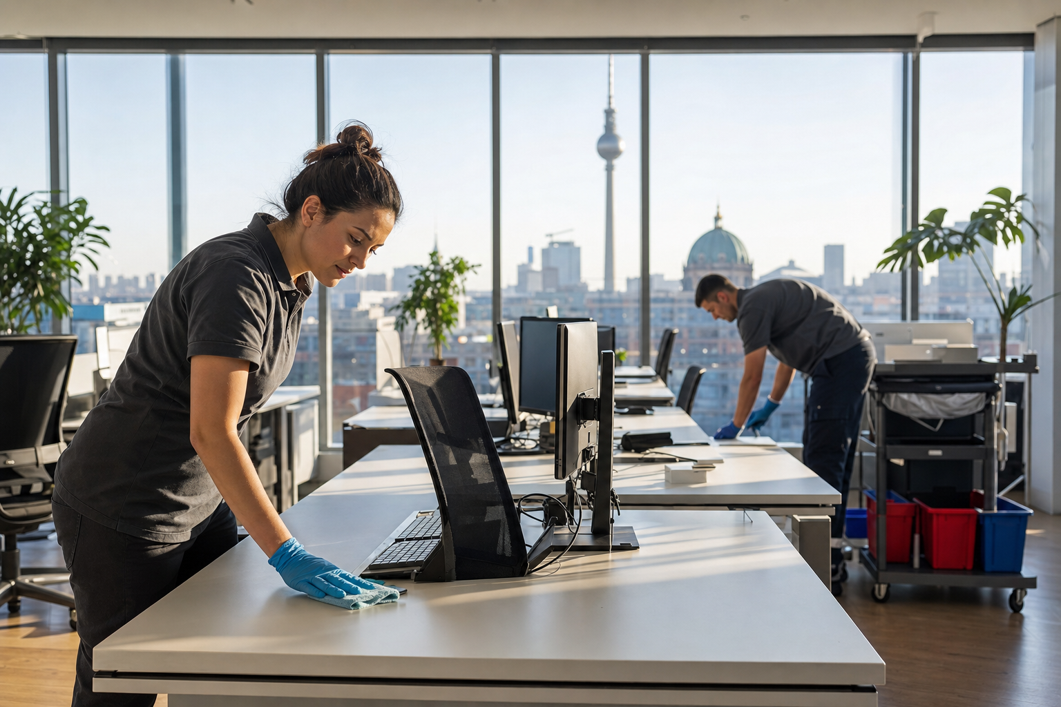Reinigungskraft arbeitet früh morgens in einem Berliner Büro und wischt Schreibtische vor Arbeitsbeginn