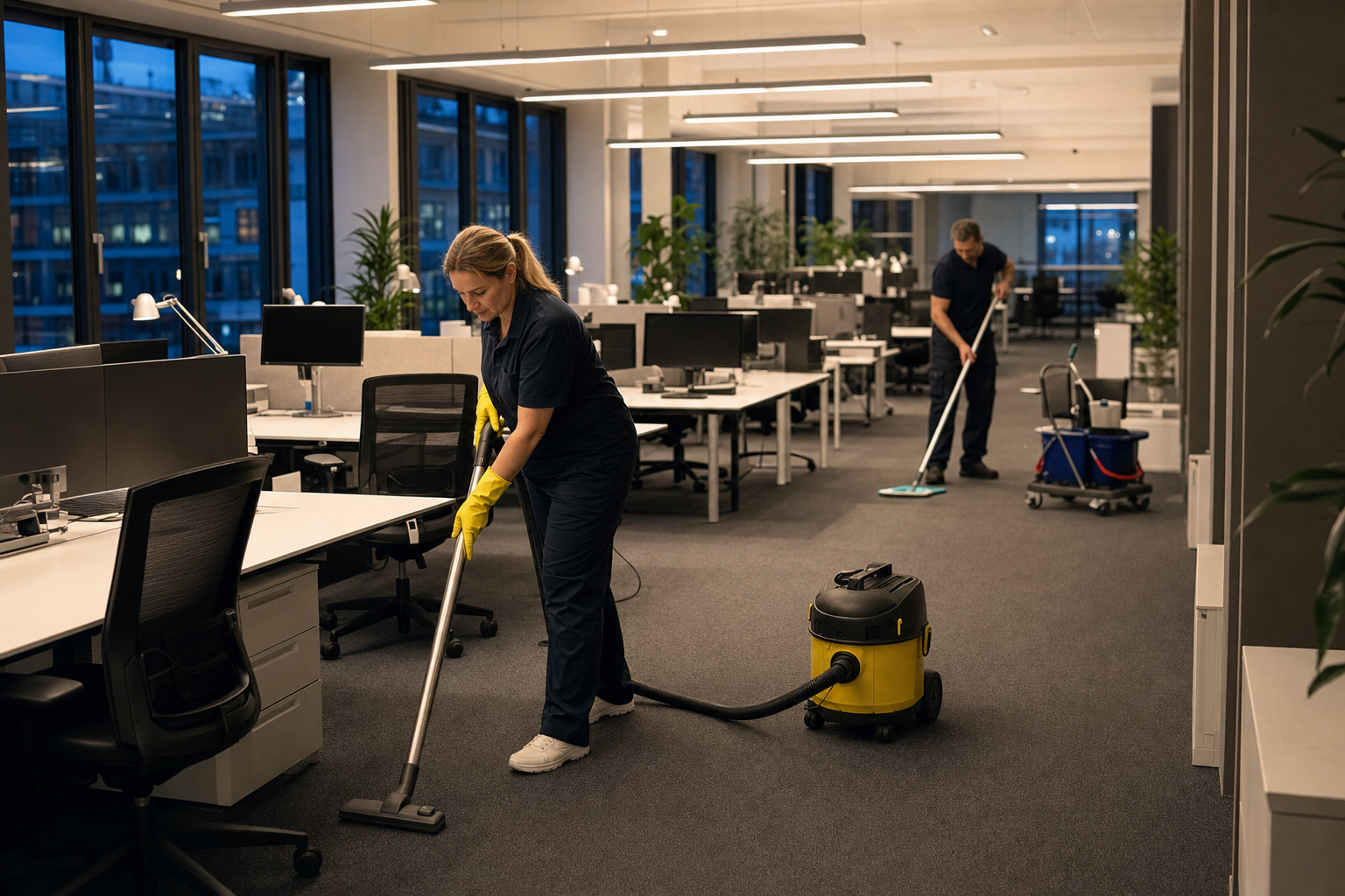 Reinigungskraft säubert abends ein modernes Berliner Büro mit leerem Arbeitsplatz und eingeschaltetem Licht