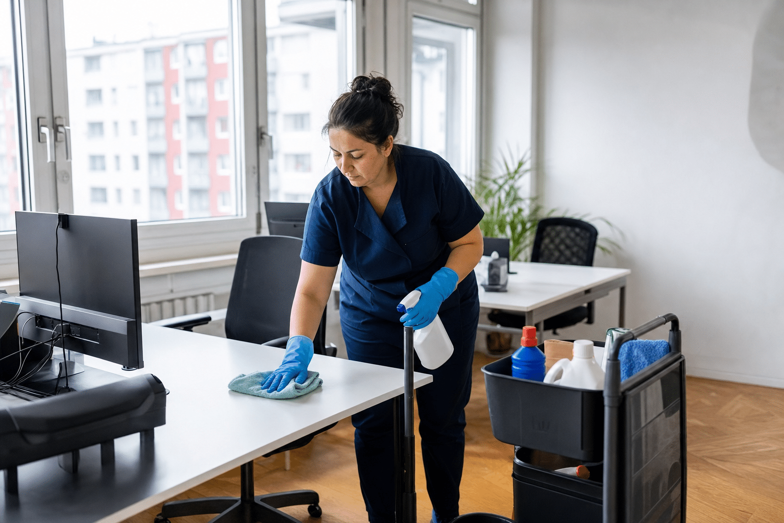 Reinigungskraft wischt Schreibtisch in modernem kleinen Büro in Berlin