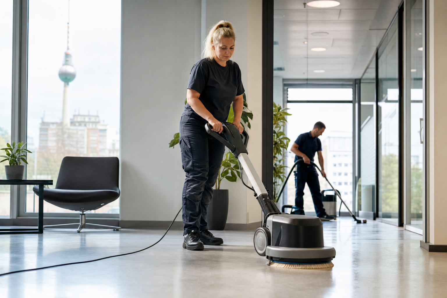 Reinigungsteam in modernem Berliner Büro bei der professionellen Bodenreinigung mit Maschine