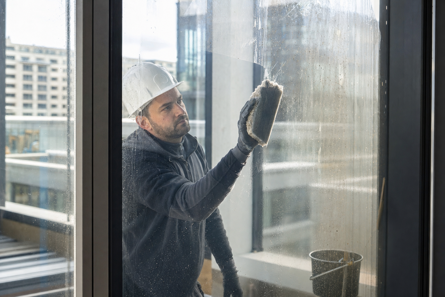 Reinigungskraft entfernt hartnäckige Verschmutzungen von Glas nach Bauarbeiten in einem Büro