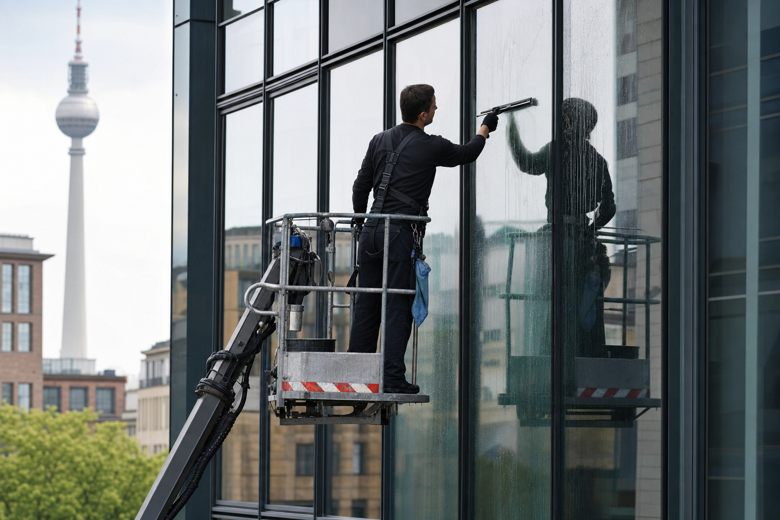 Glasreiniger mit Hebebühne reinigt große Bürofenster an moderner Berliner Fassade
