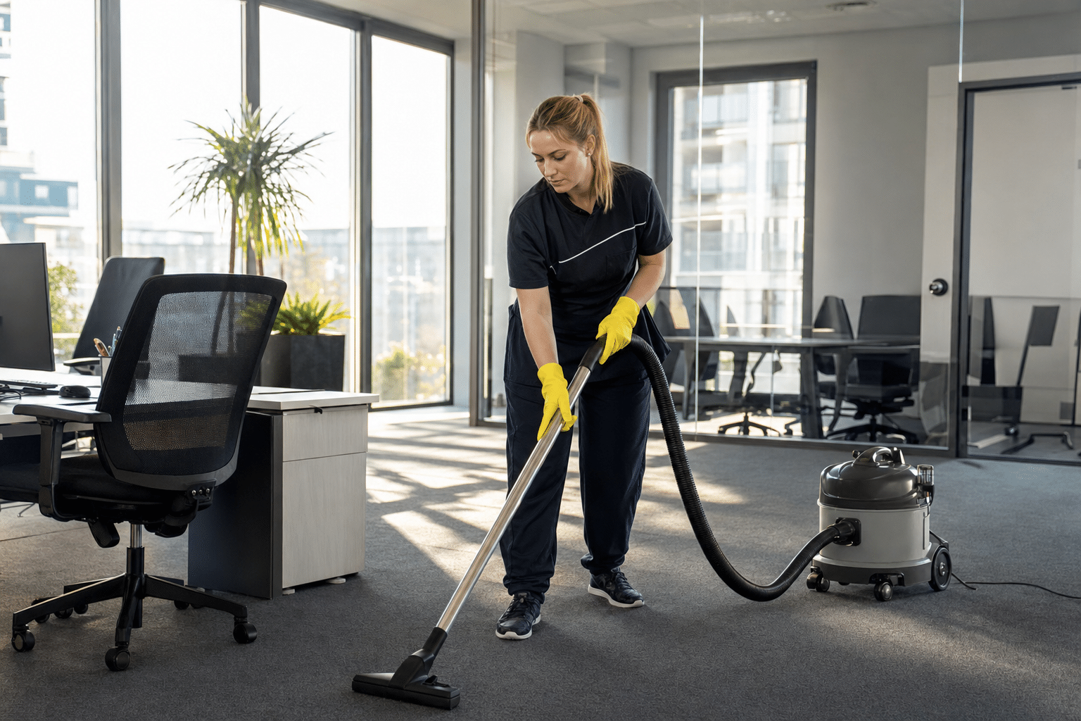 Reinigungskraft bei der professionellen Büroreinigung in einem modernen Berliner Büro