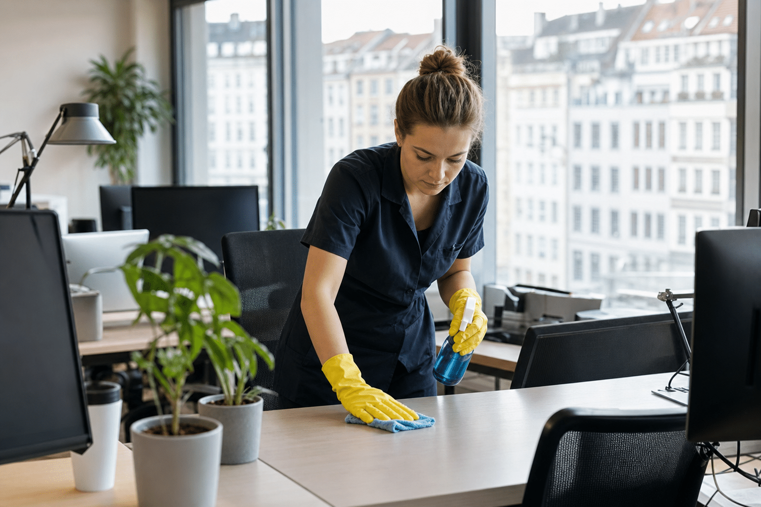 Reinigungskraft wischt modernen Großraumbüro-Schreibtisch in Berlin bei Tageslicht