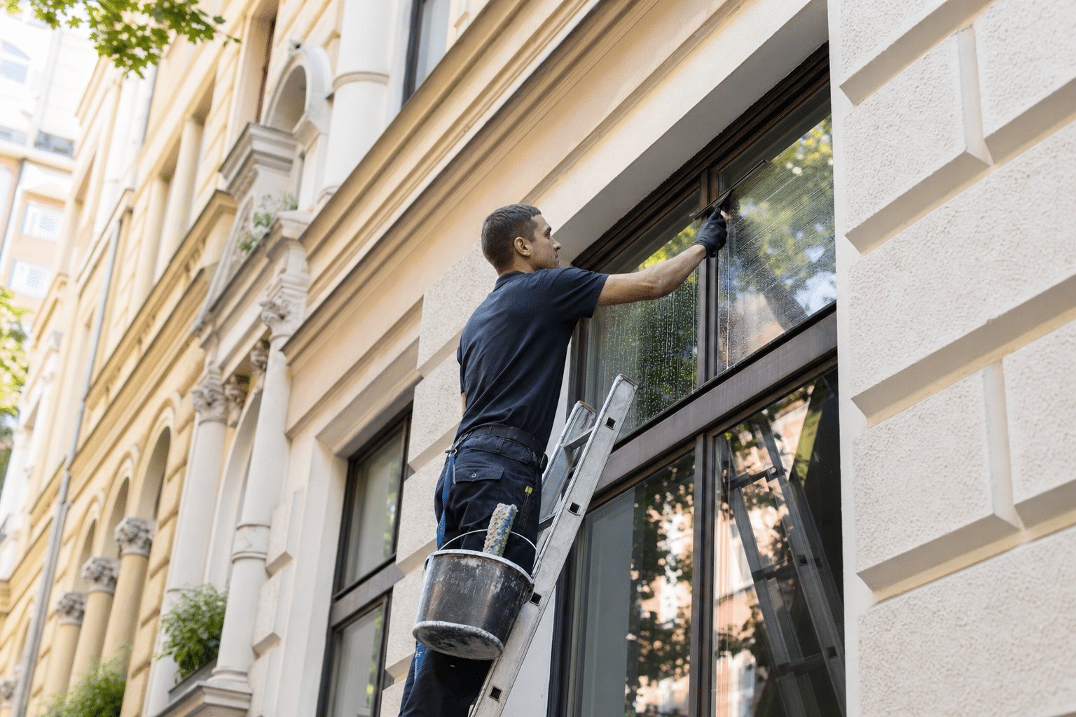 Fensterreiniger bei der Arbeit an Altbau-Fenstern in Berlin mit Leiter und Abzieher