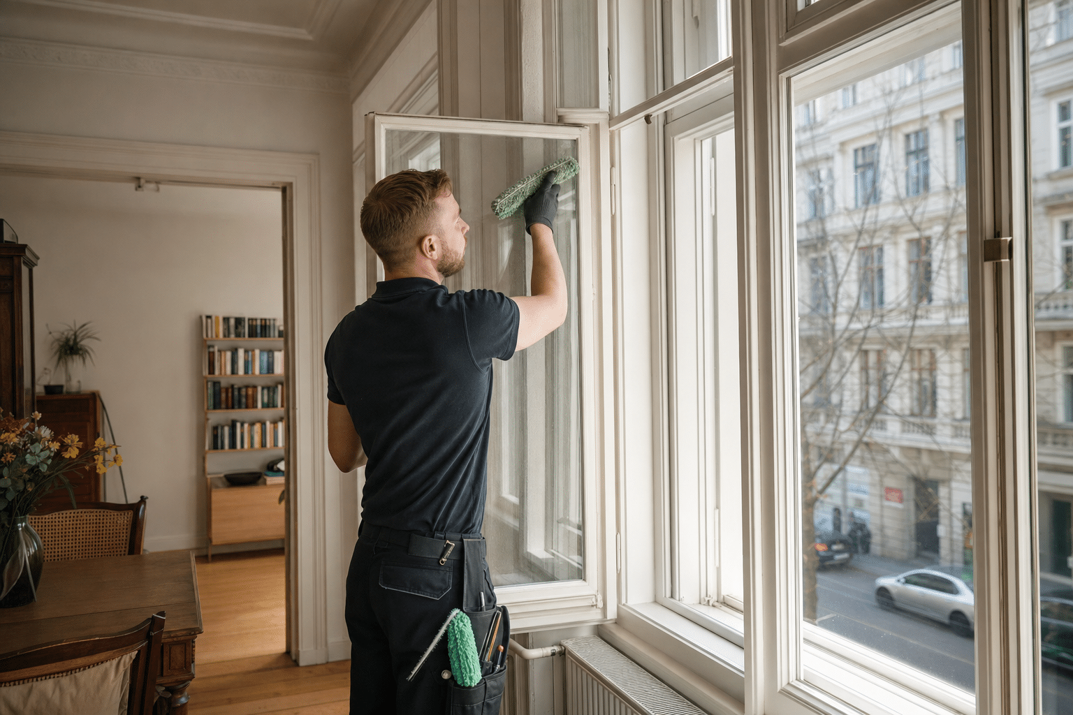 Fensterputzer reinigt große Altbau-Doppelfenster in einer Berliner Wohnung
