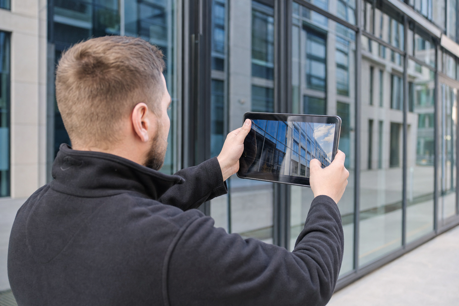Glasreiniger dokumentiert die ausgeführte Fensterreinigung an einem Berliner Bürogebäude