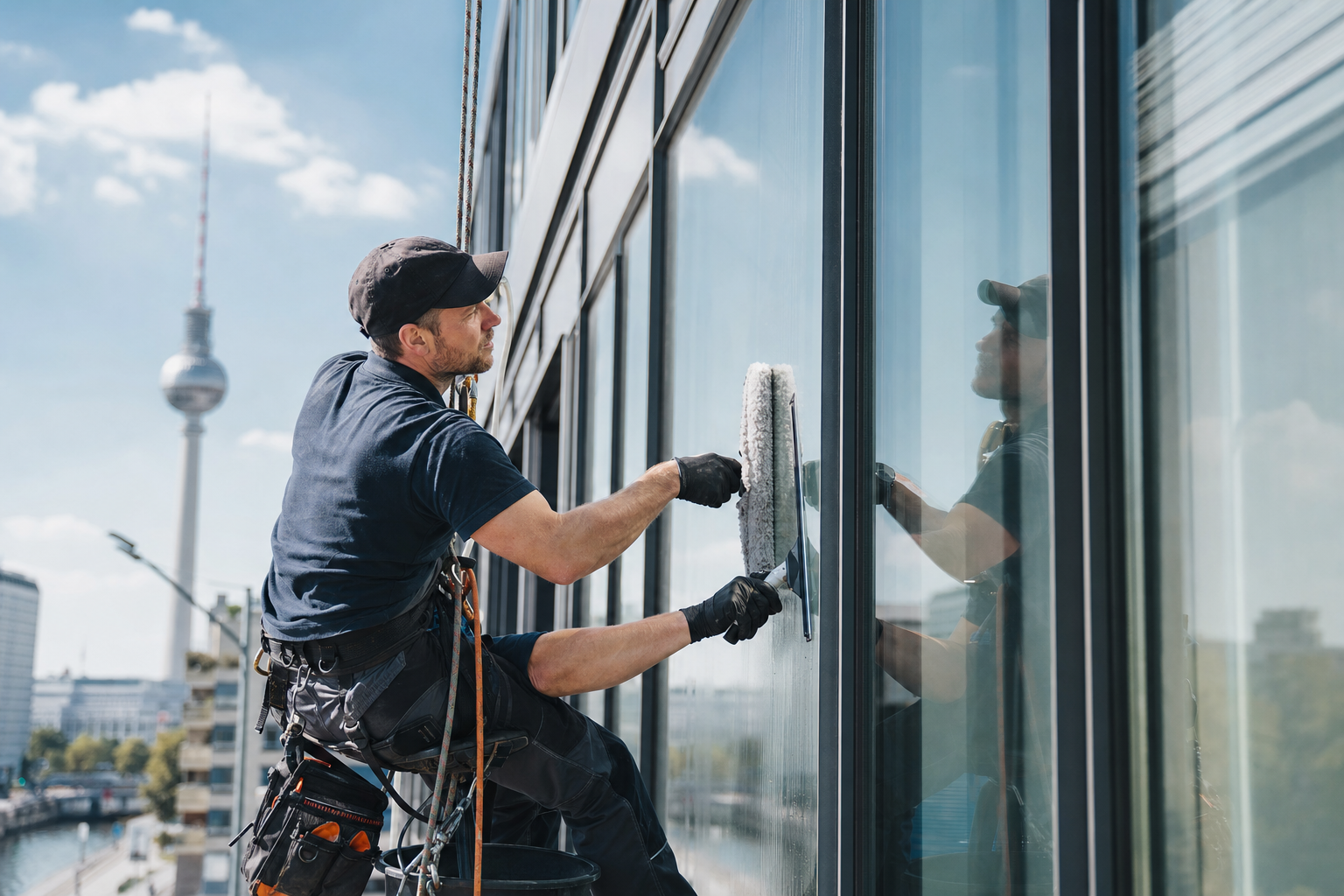 Glasreiniger bei der Arbeit an einer Bürofront in Berlin
