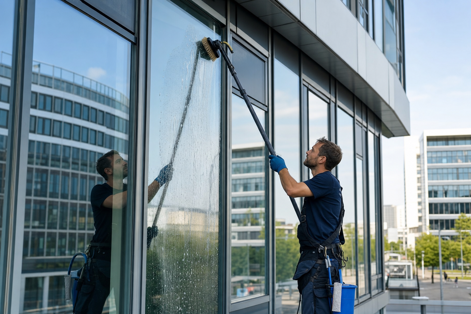 Fensterreiniger bei der professionellen Glasreinigung eines Berliner Bürogebäudes mit Teleskopstange