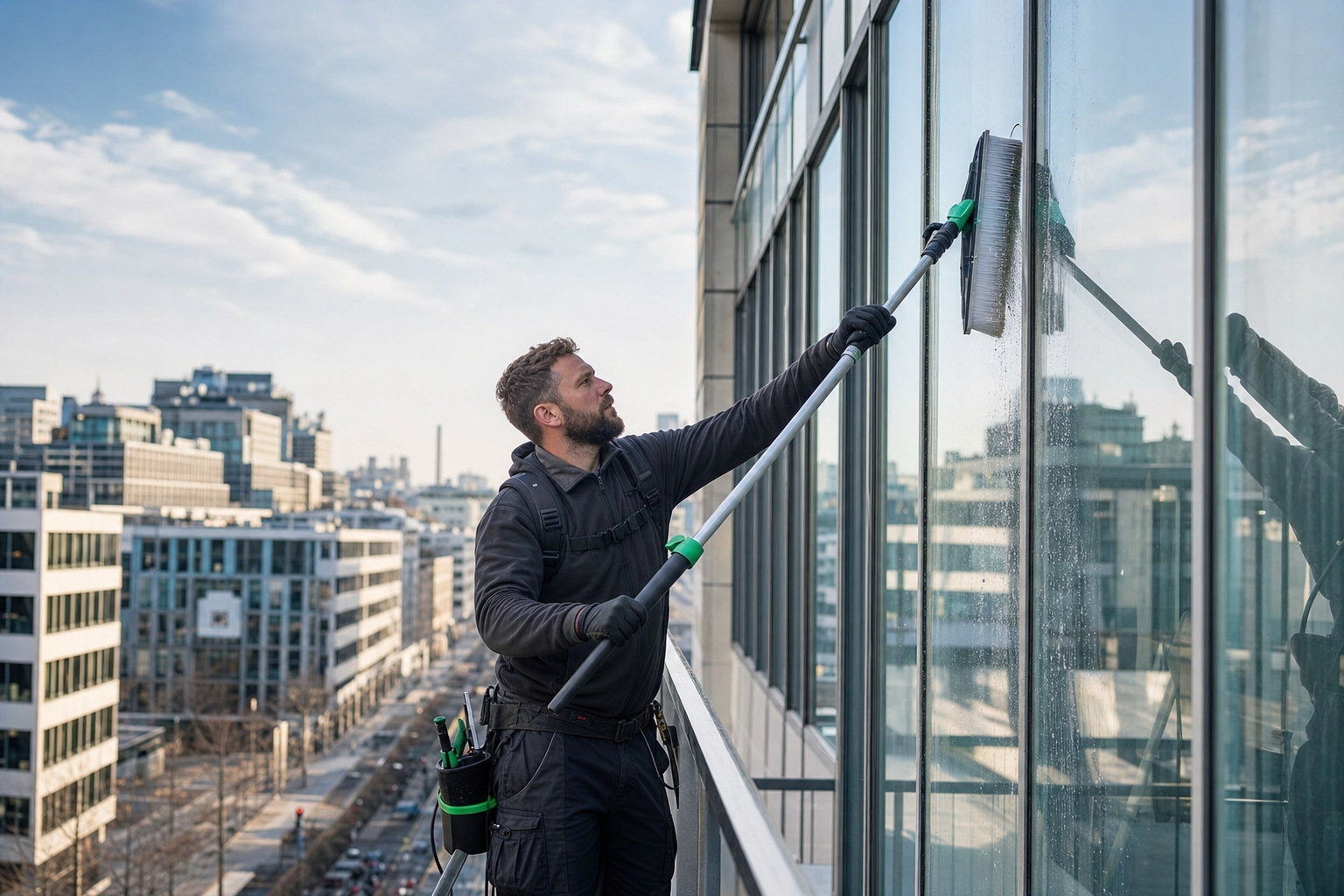 Fensterreiniger arbeitet an moderner Glasfassade eines Berliner Bürogebäudes mit Teleskopstange