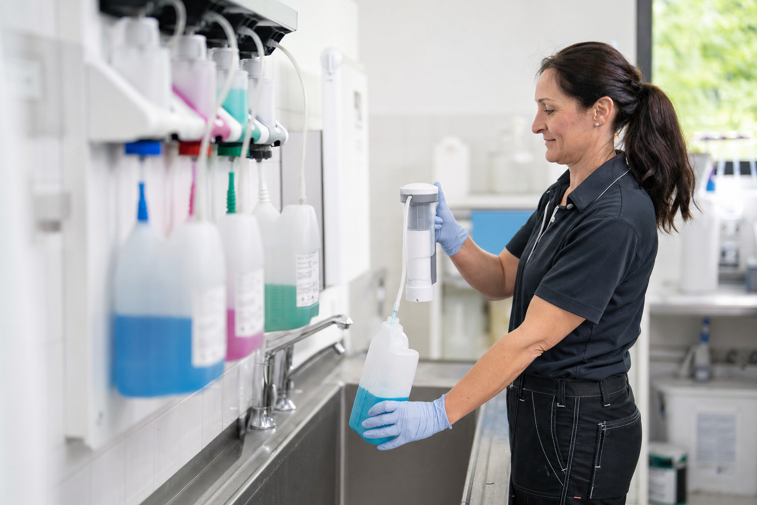 Mitarbeiterin füllt Reinigungskonzentrat mit einer Dosierhilfe in eine Flasche