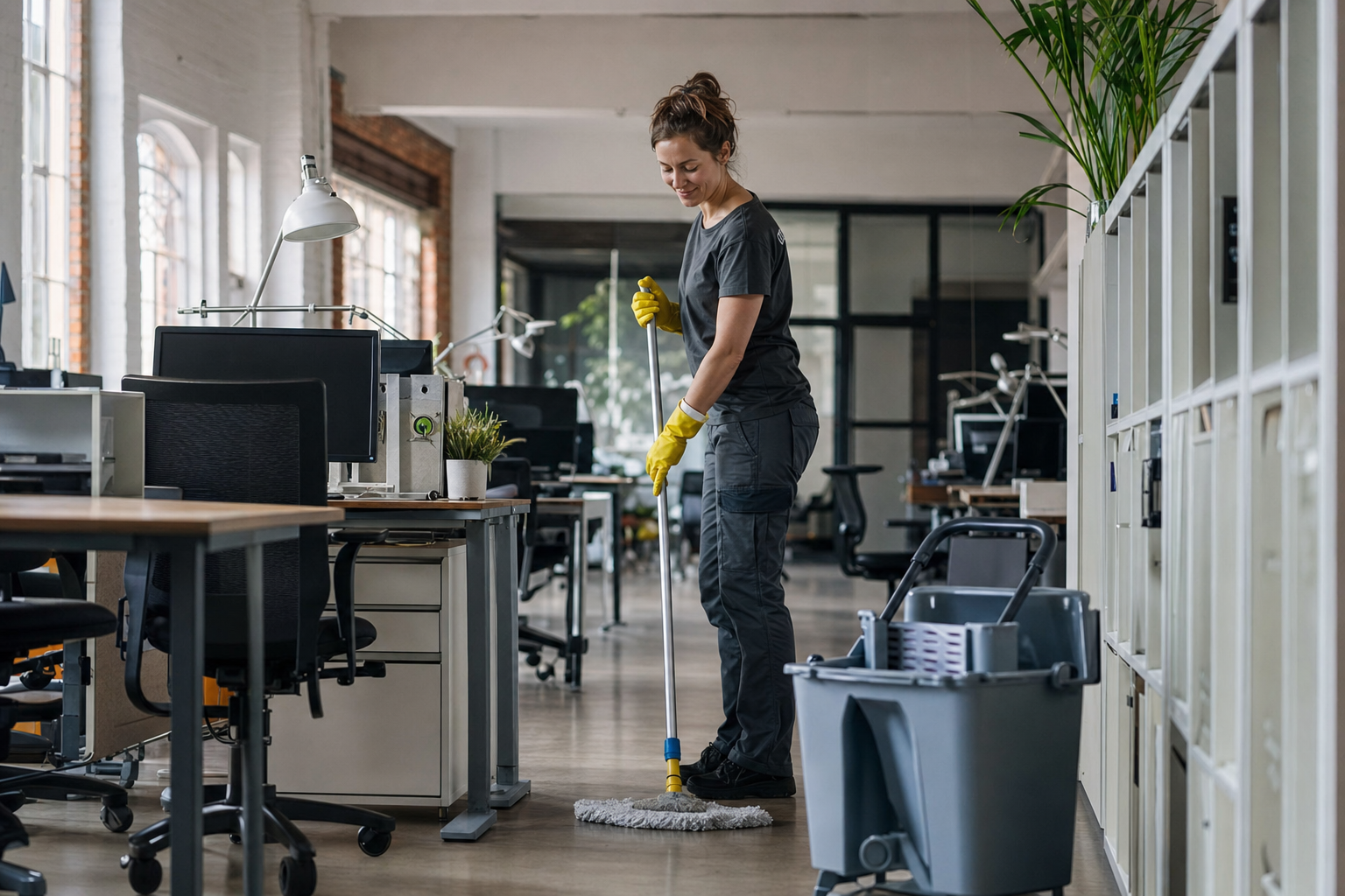 Reinigungskraft bei der sorgfältigen Pflege eines modernen Berliner Großraumbüros