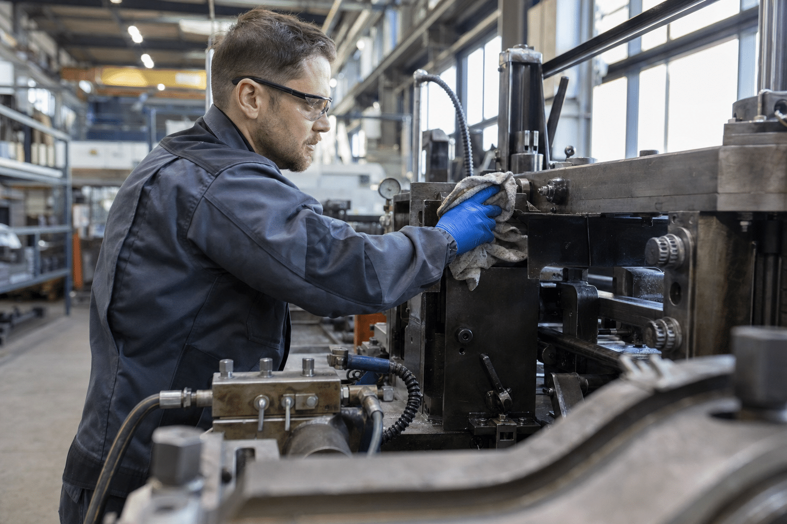 Industriearbeiter mit Schutzkleidung reinigt Maschine in Berliner Produktionshalle