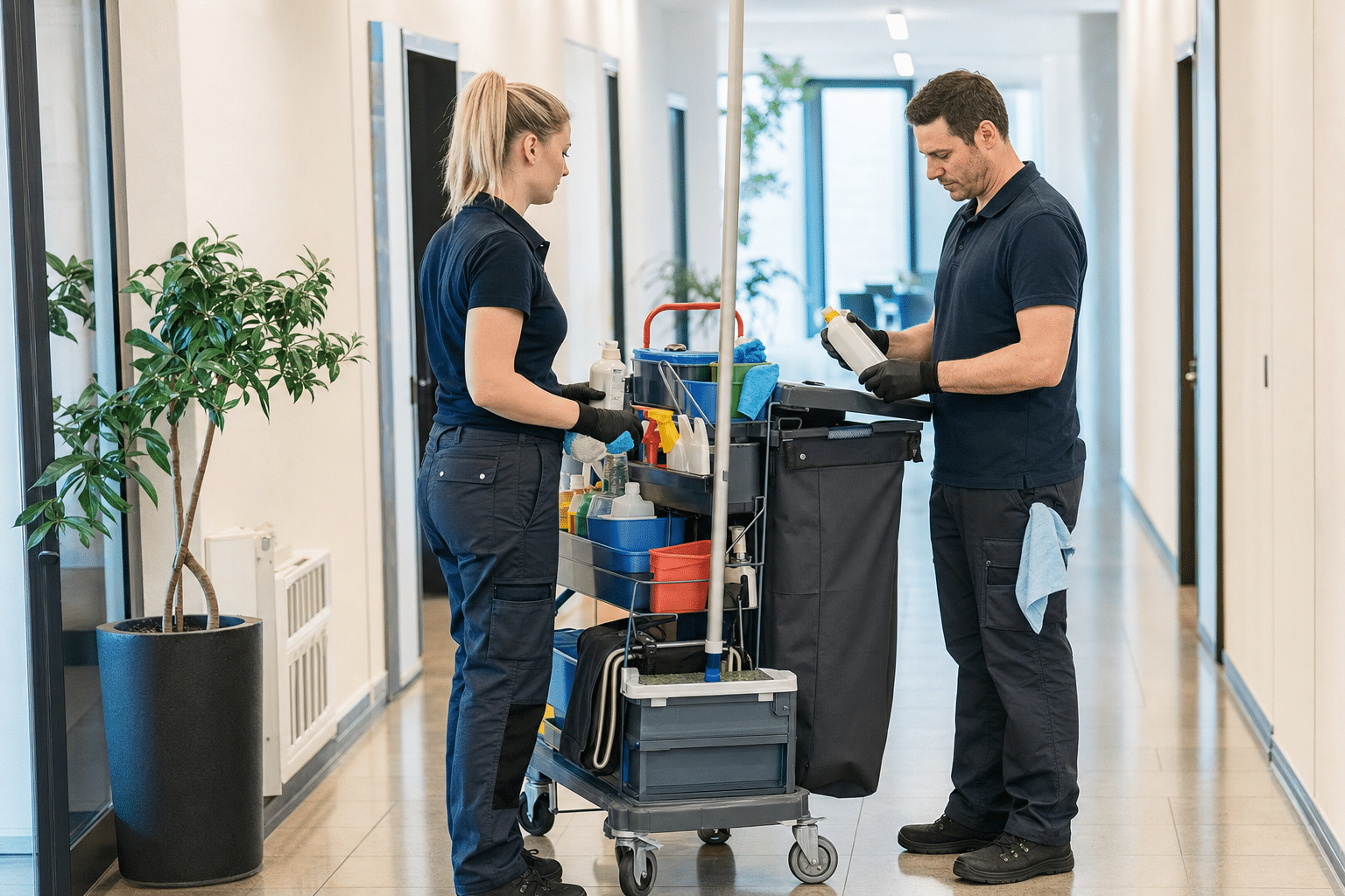 Reinigungsteam bereitet morgens Reinigungswagen in einem Bürogebäude in Berlin-Mitte vor