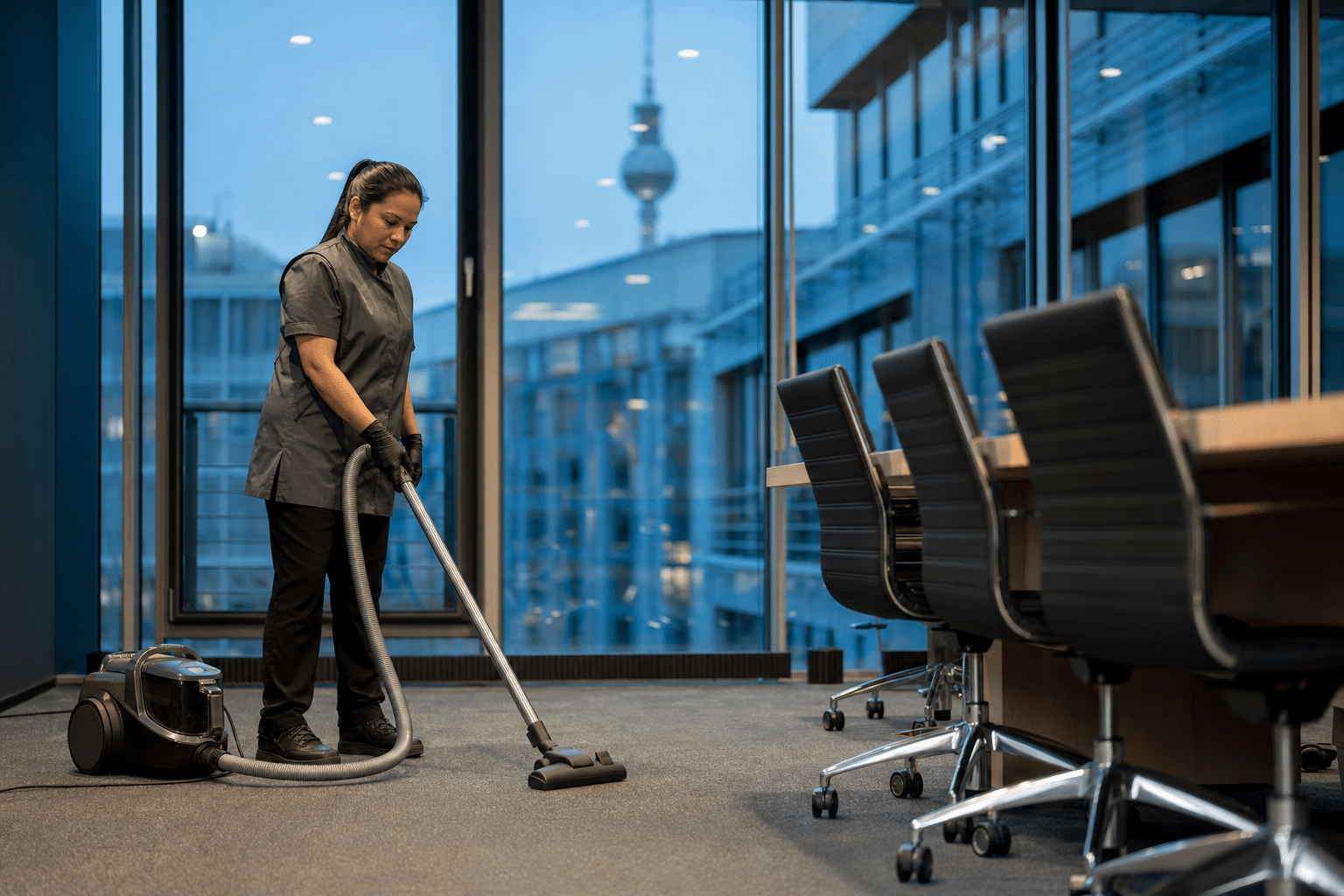 Reinigungskraft säubert abends ein modernes Büro mit Glasflächen in Berlin-Mitte