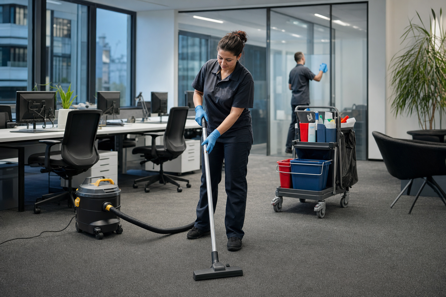 Reinigungsteam arbeitet abends in modernem Büro in Berlin Charlottenburg mit Staubsauger und Reinigungswagen