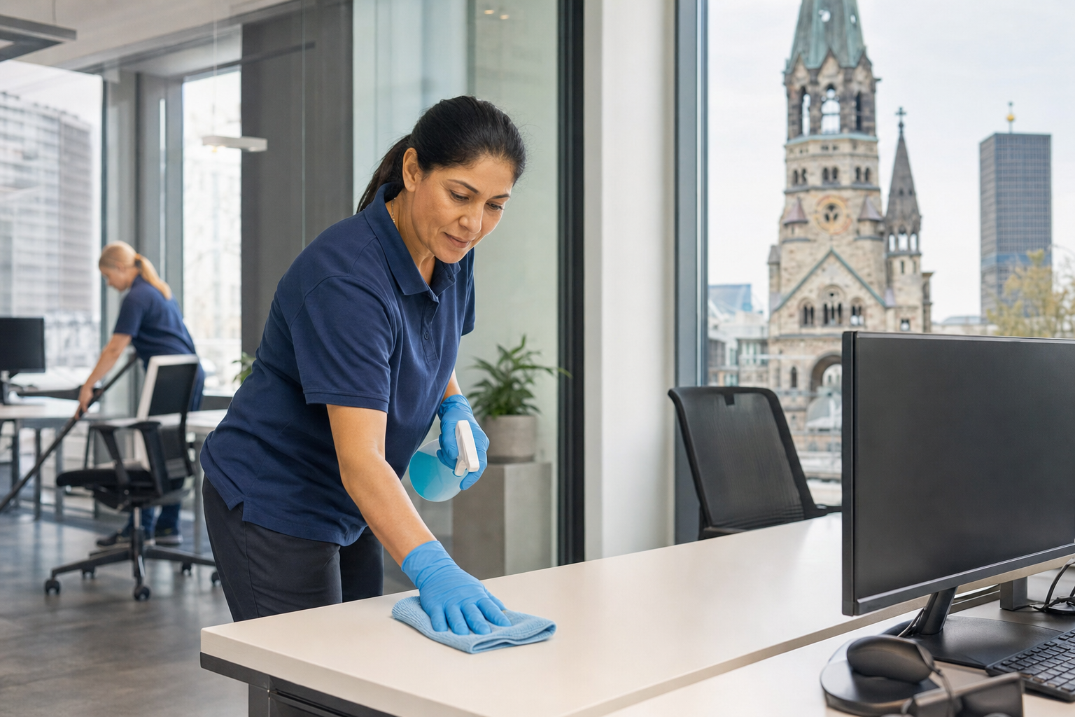 Reinigungskraft wischt Schreibtische in modernem Berliner Büro mit Blick auf Glasfassade