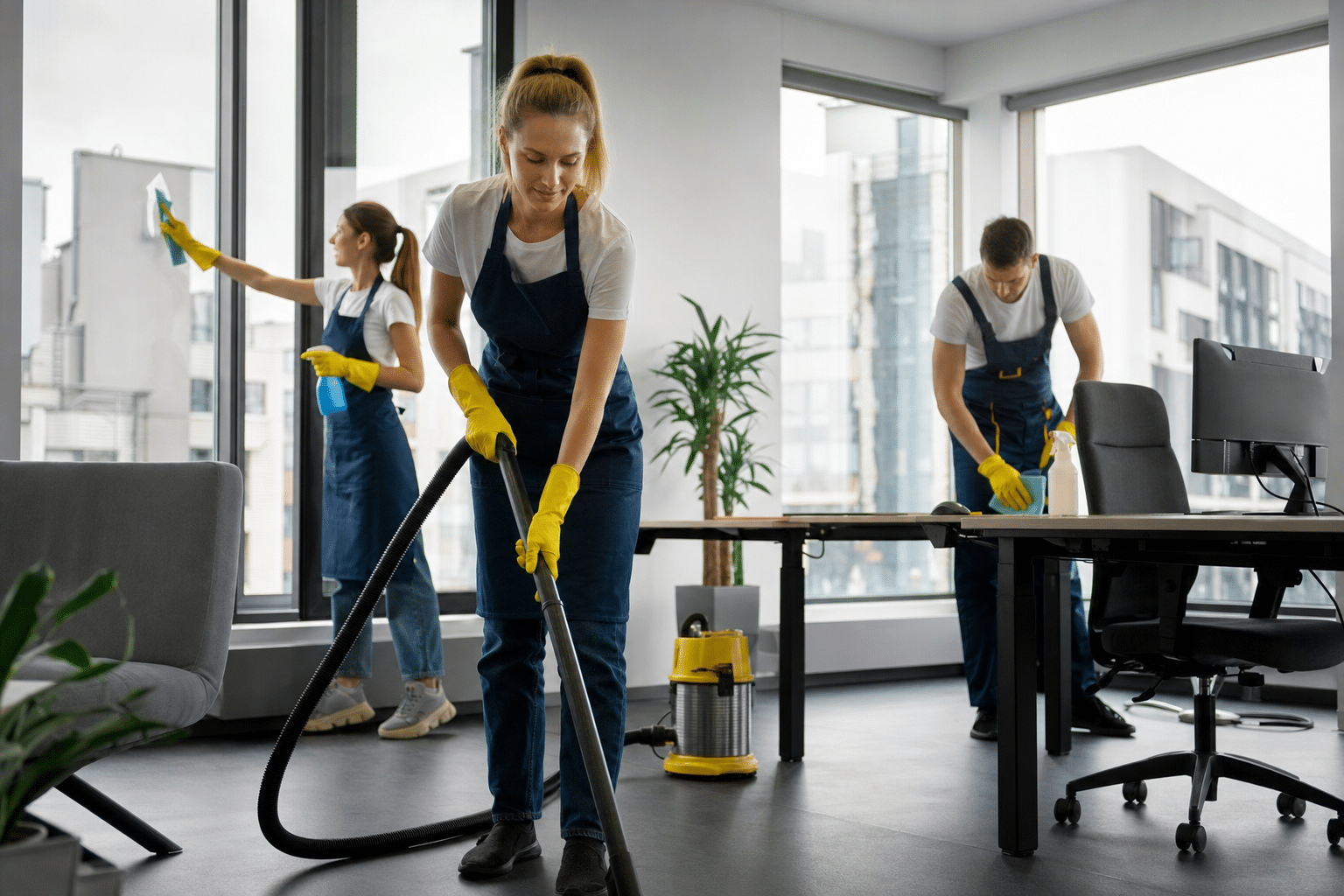 Reinigungsteam bei der professionellen Büroreinigung in einem modernen Berliner Firmengebäude
