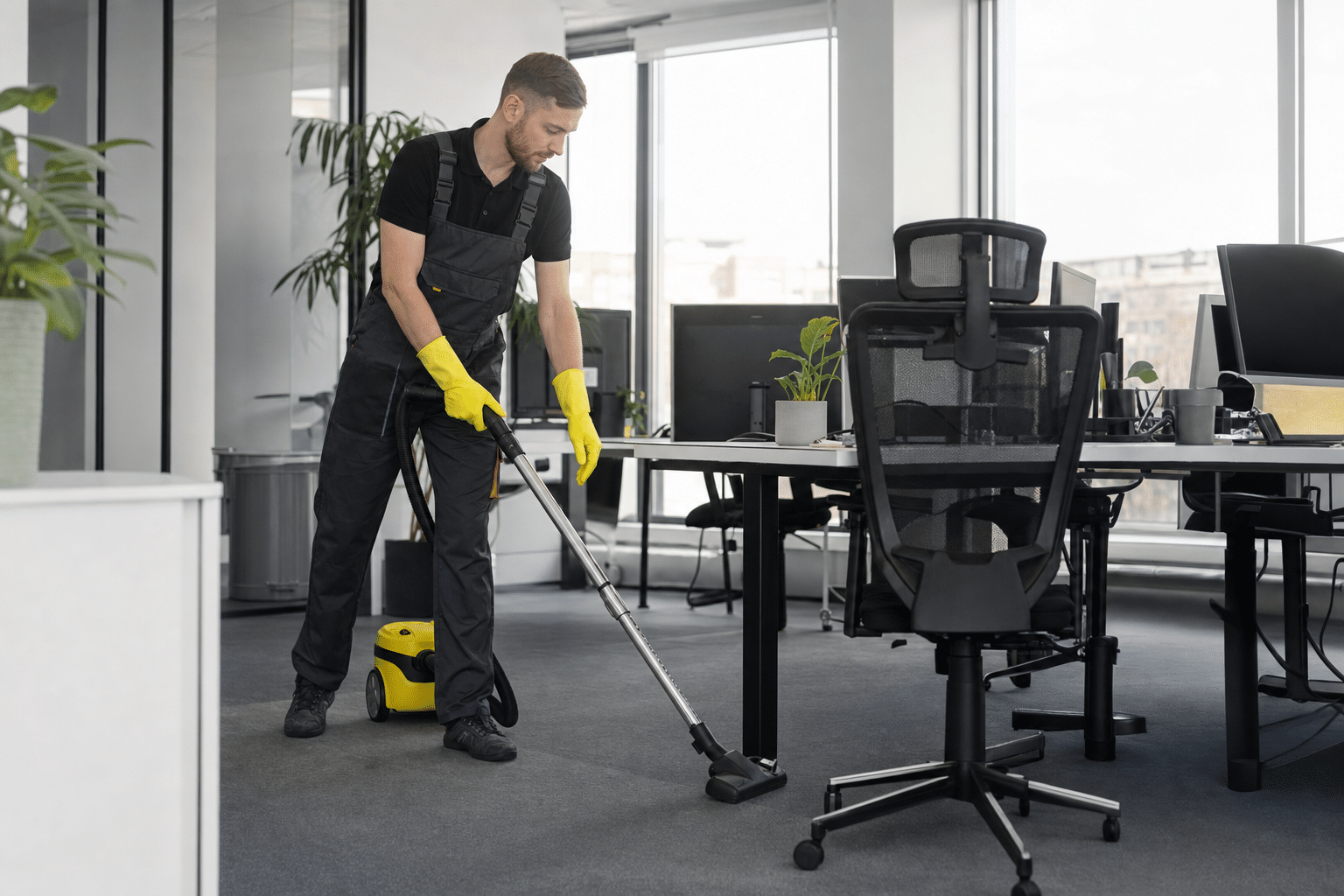Reinigungskraft bei der gründlichen Büroreinigung mit modernen Geräten in einem Berliner Unternehmen