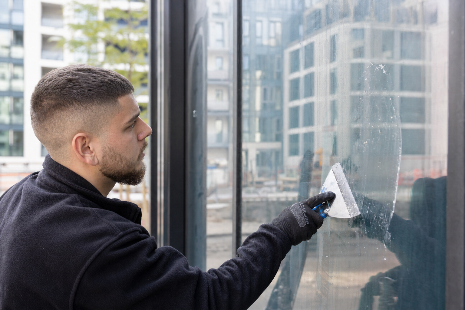 Fachkraft entfernt vorsichtig Klebstoffreste von einer Glasfront auf einer Berliner Baustelle