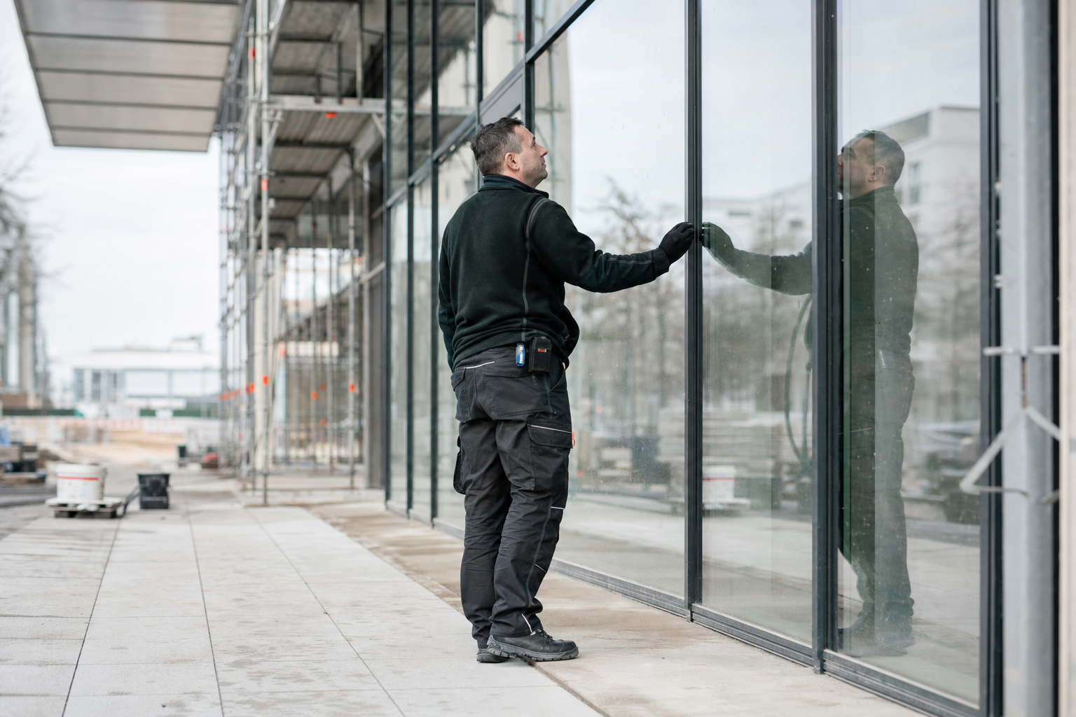 Reinigungskraft kontrolliert eine frisch gereinigte Glasfront auf einer Berliner Baustelle