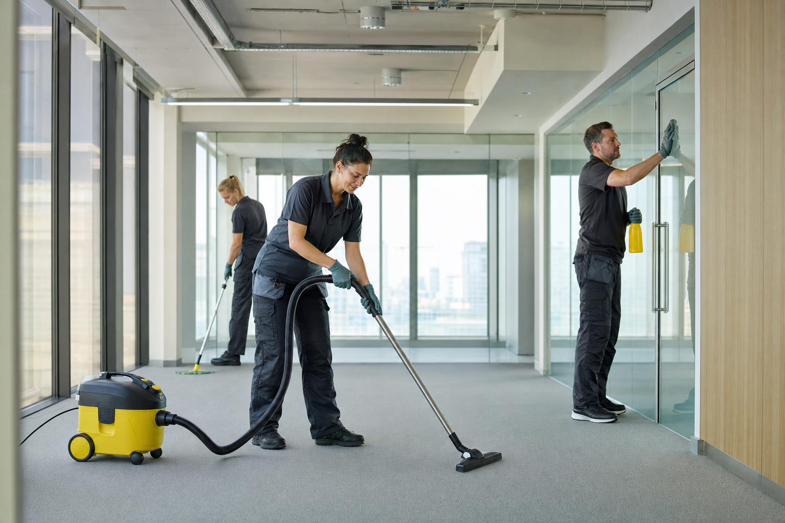 Reinigungsteam bei der abgestimmten Baufeinreinigung in einem neu ausgebauten Berliner Büro
