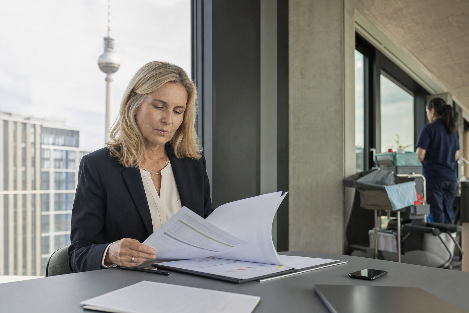 Objektleiterin prüft ein Reinigungsangebot in einem Berliner Bürogebäude