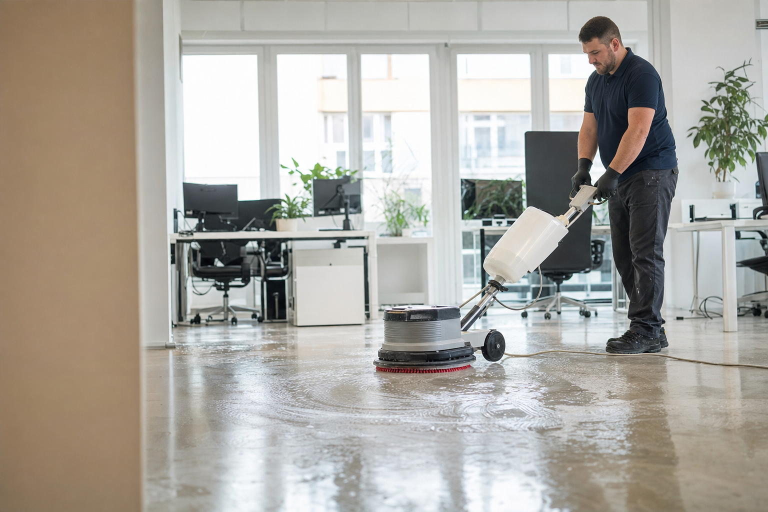 Reinigungskraft bearbeitet einen stark beanspruchten Boden in einem Berliner Büro