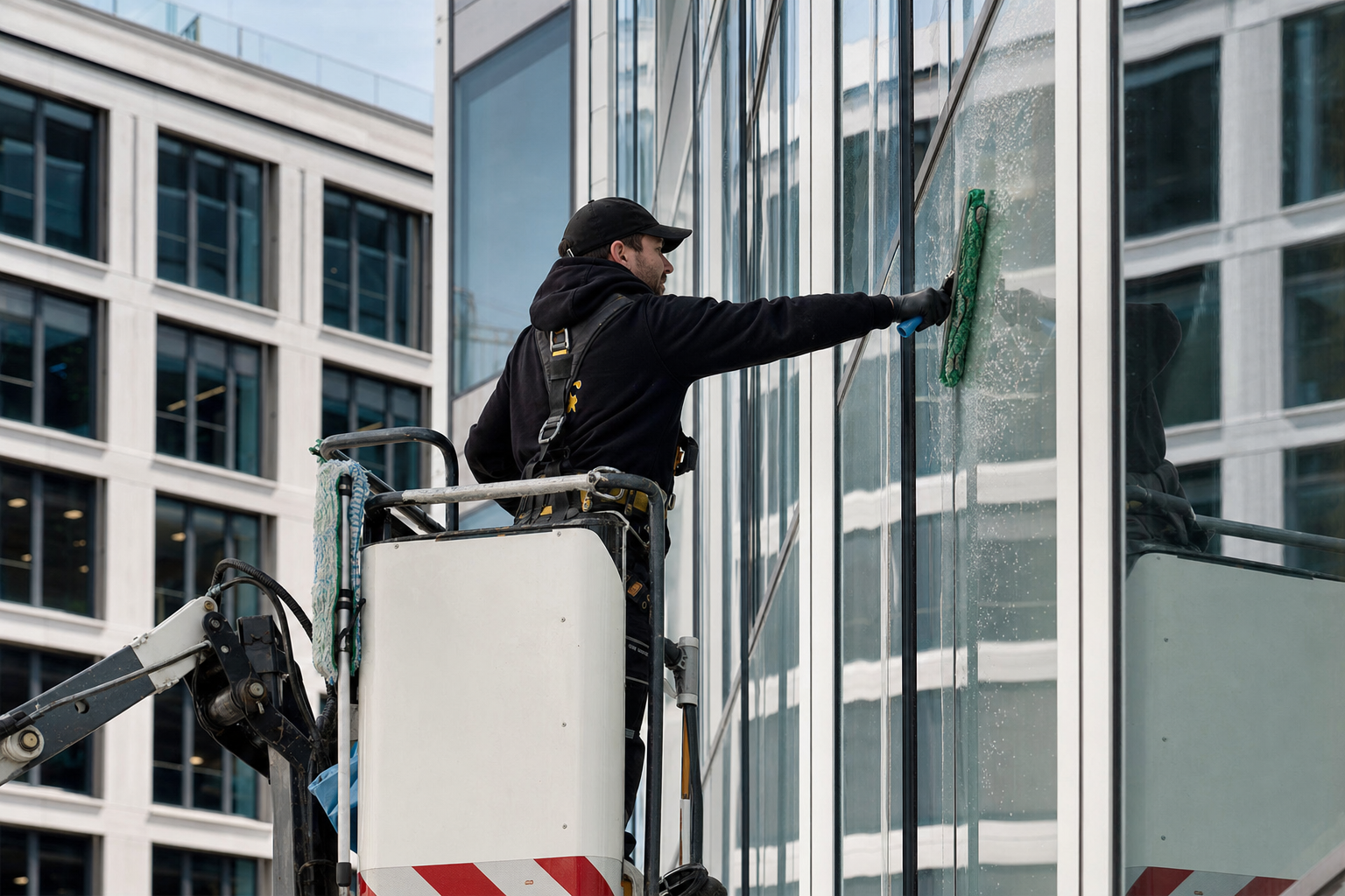 Gesicherter Fassadenreiniger auf einer Hubarbeitsbühne vor einem Berliner Bürogebäude