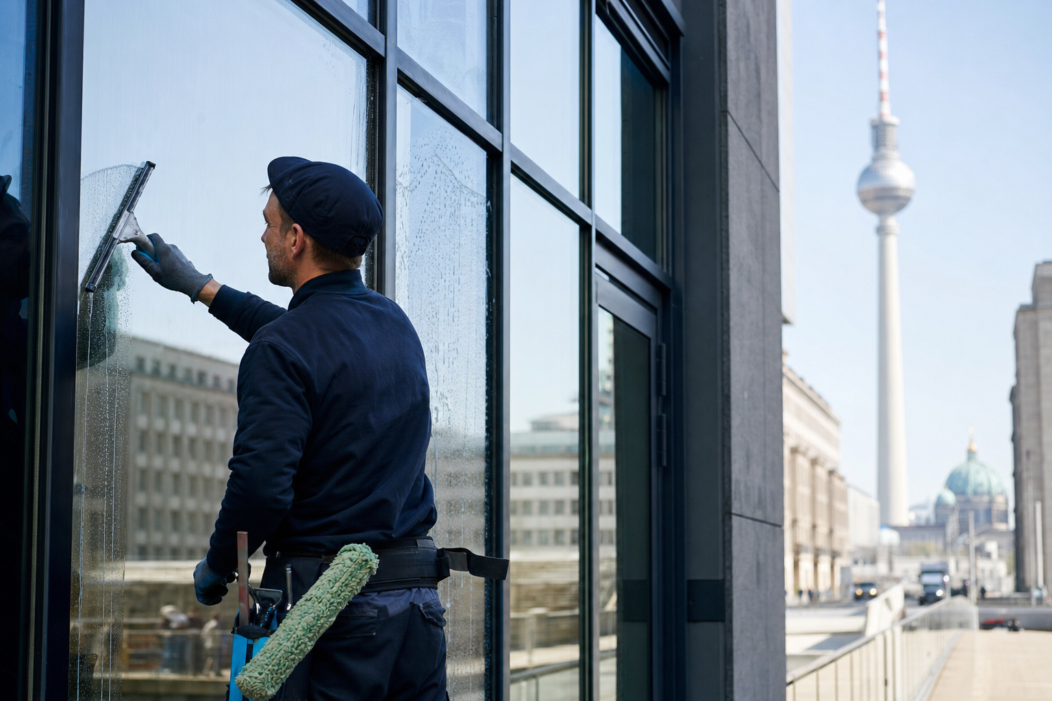Glasreiniger bei der umweltschonenden Reinigung einer großen Fensterfront in Berlin