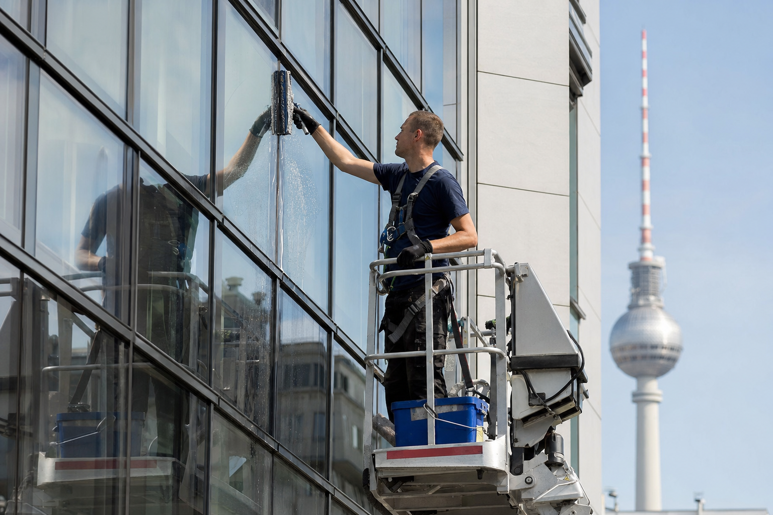 Fensterreiniger bei der Arbeit an großen Bürofenstern in Berlin