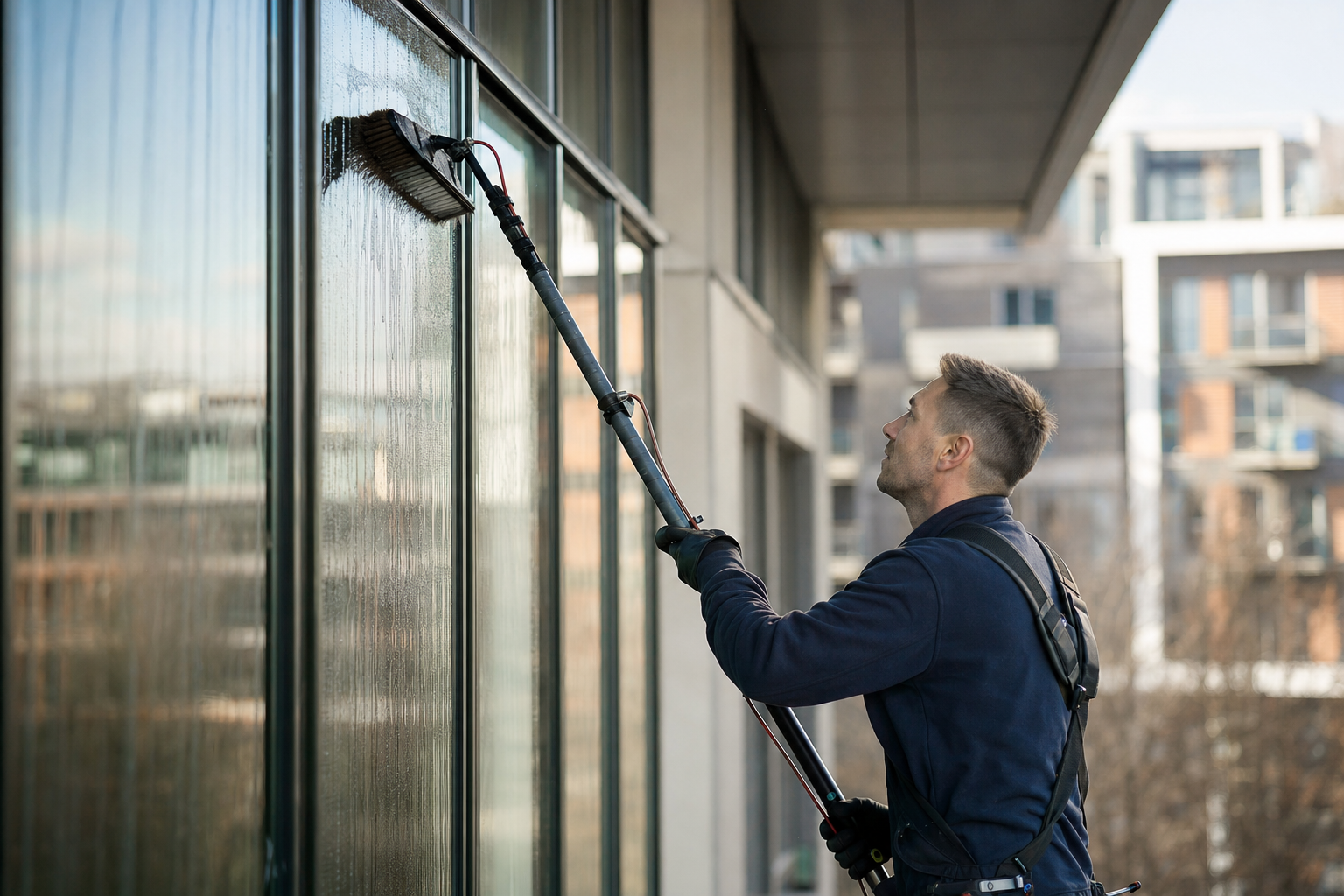 Fensterreiniger bei der wassersparenden Reinigung einer großen Glasfront