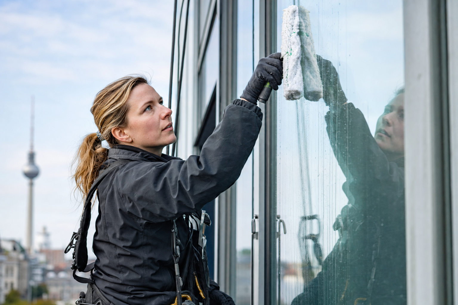 Fensterreinigerin bei der Begutachtung großer Bürofenster in Berlin