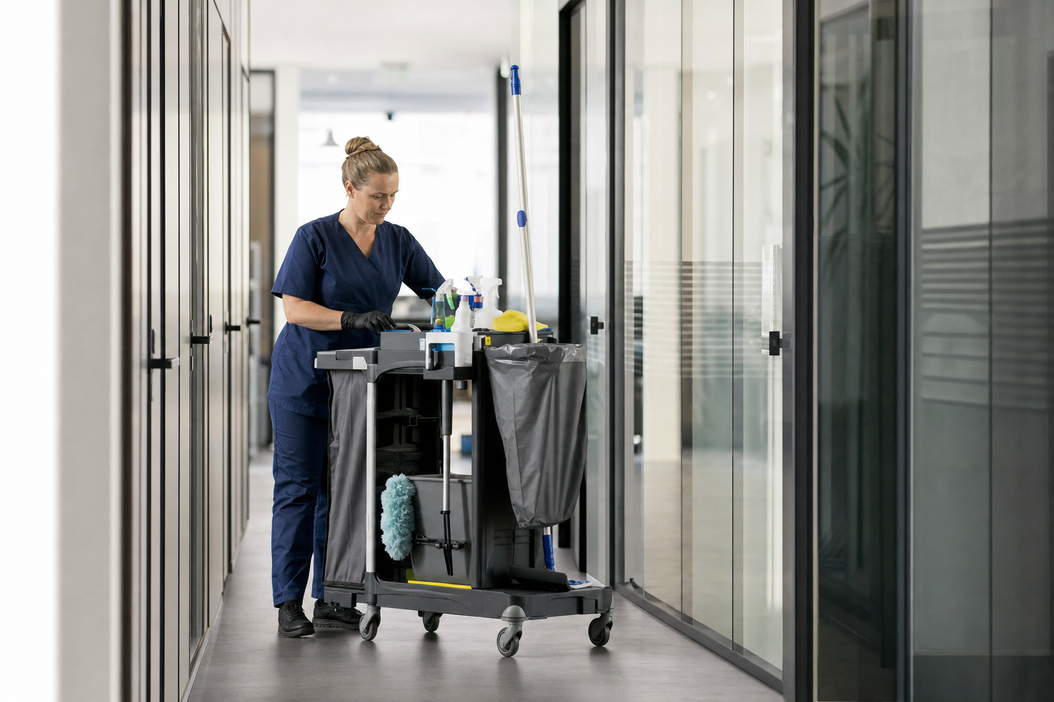 Reinigungskraft mit Arbeitswagen in einem modernen Berliner Büroflur