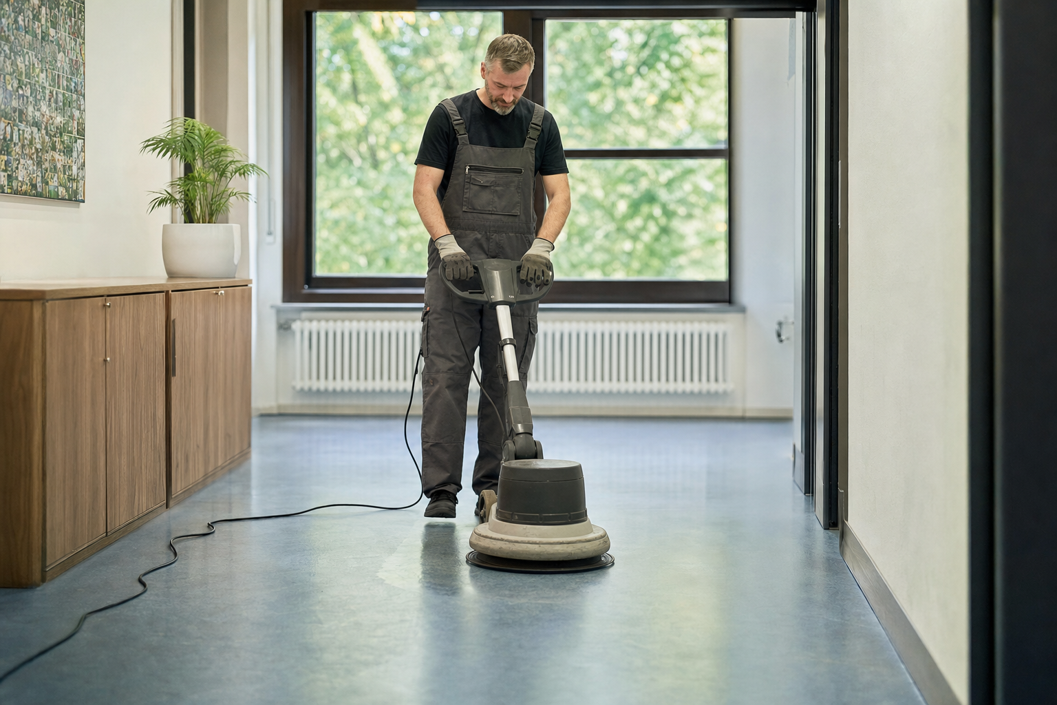 Reinigungskraft führt eine Einscheibenmaschine über einen freigeräumten Linoleumboden