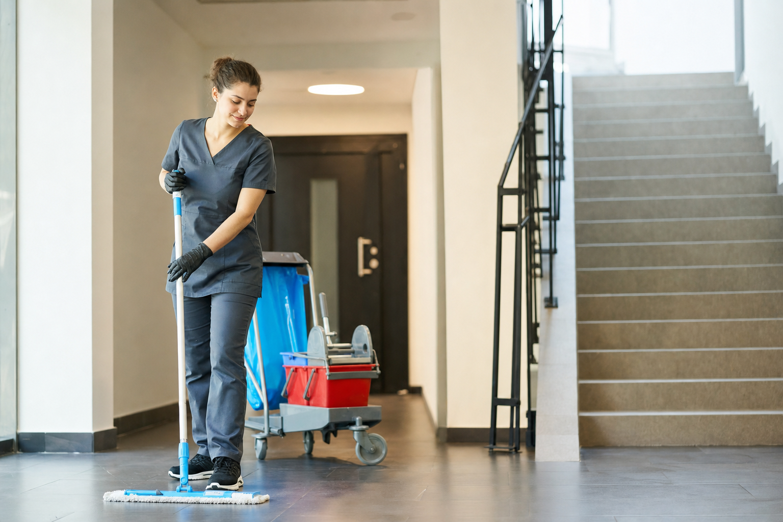 Reinigungskraft bei der fachgerechten Pflege eines Berliner Bürogebäudes