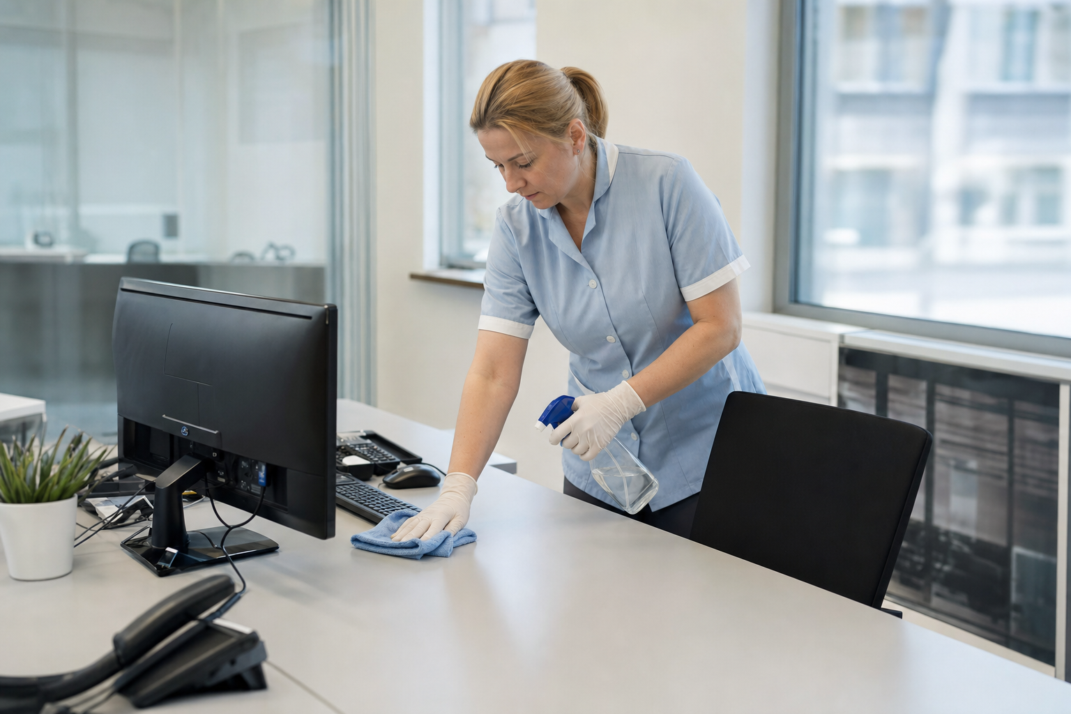 Reinigungskraft bei der materialgerechten Pflege eines modernen Büroarbeitsplatzes