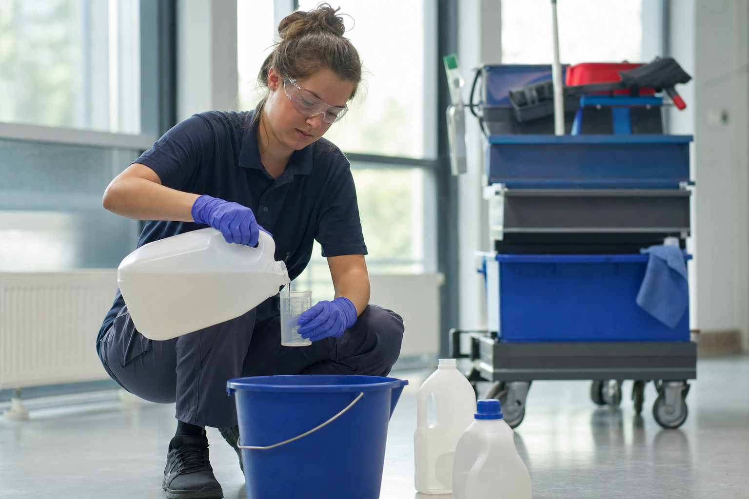Reinigungskraft mit Handschuhen und Schutzbrille beim sicheren Dosieren eines Reinigungsmittels