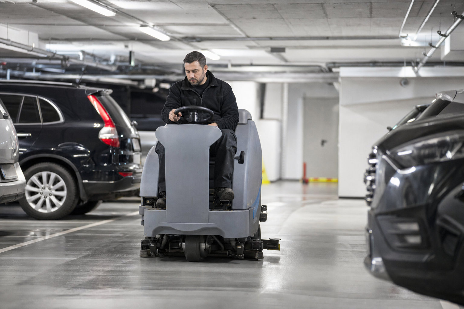 Fachkraft führt eine Scheuersaugmaschine zwischen parkenden Fahrzeugen