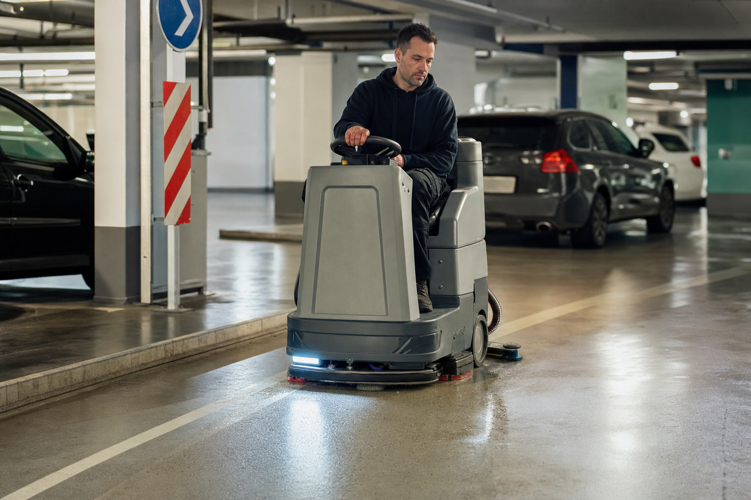 Reinigungsmaschine auf einer markierten Fahrgasse in einer Berliner Tiefgarage