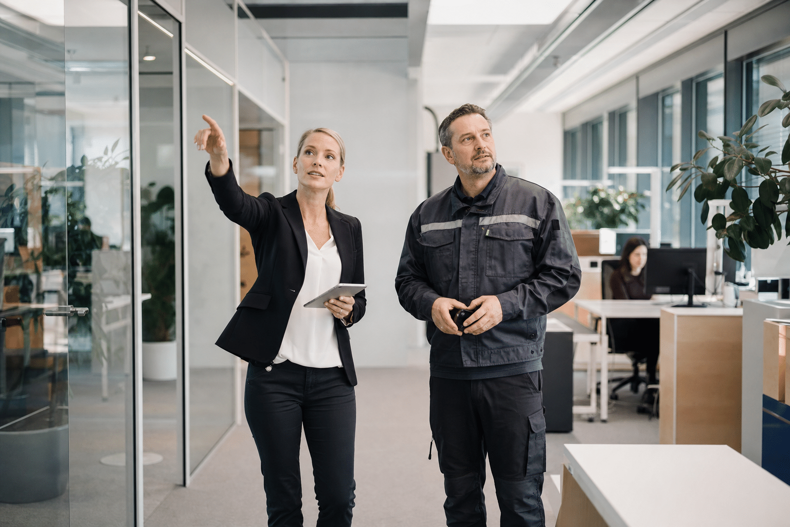 Objektleiterin und Facility-Manager bei der gemeinsamen Besichtigung moderner Büroräume