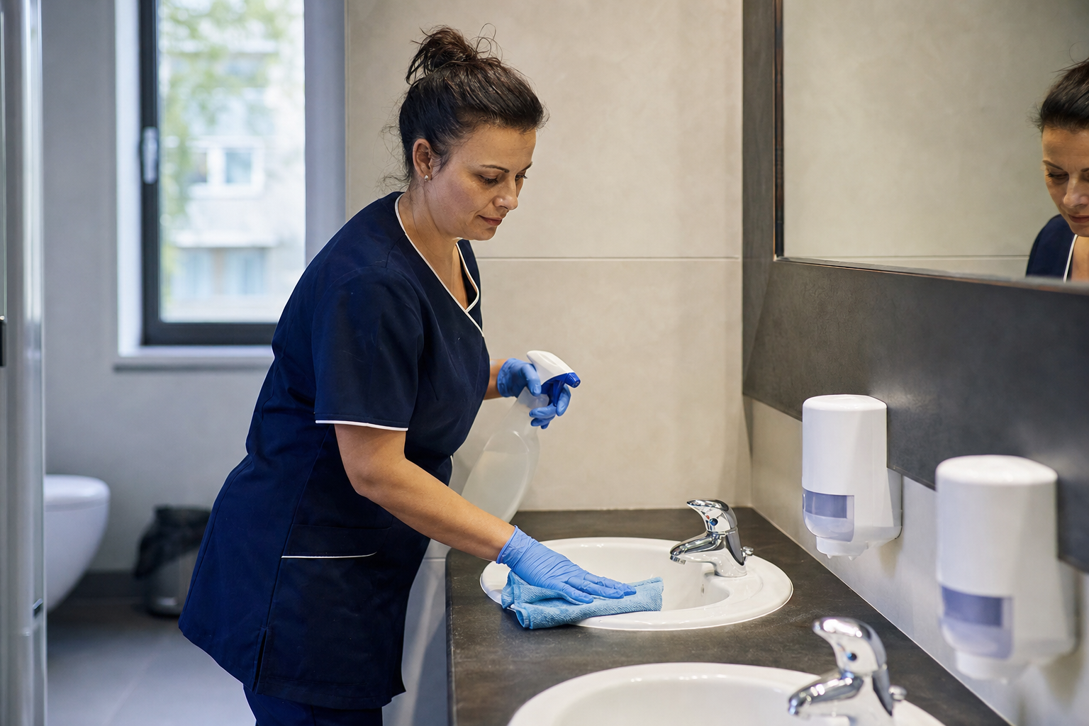 Reinigungskraft bei der hygienischen Reinigung eines Berliner Büro-Sanitärraums
