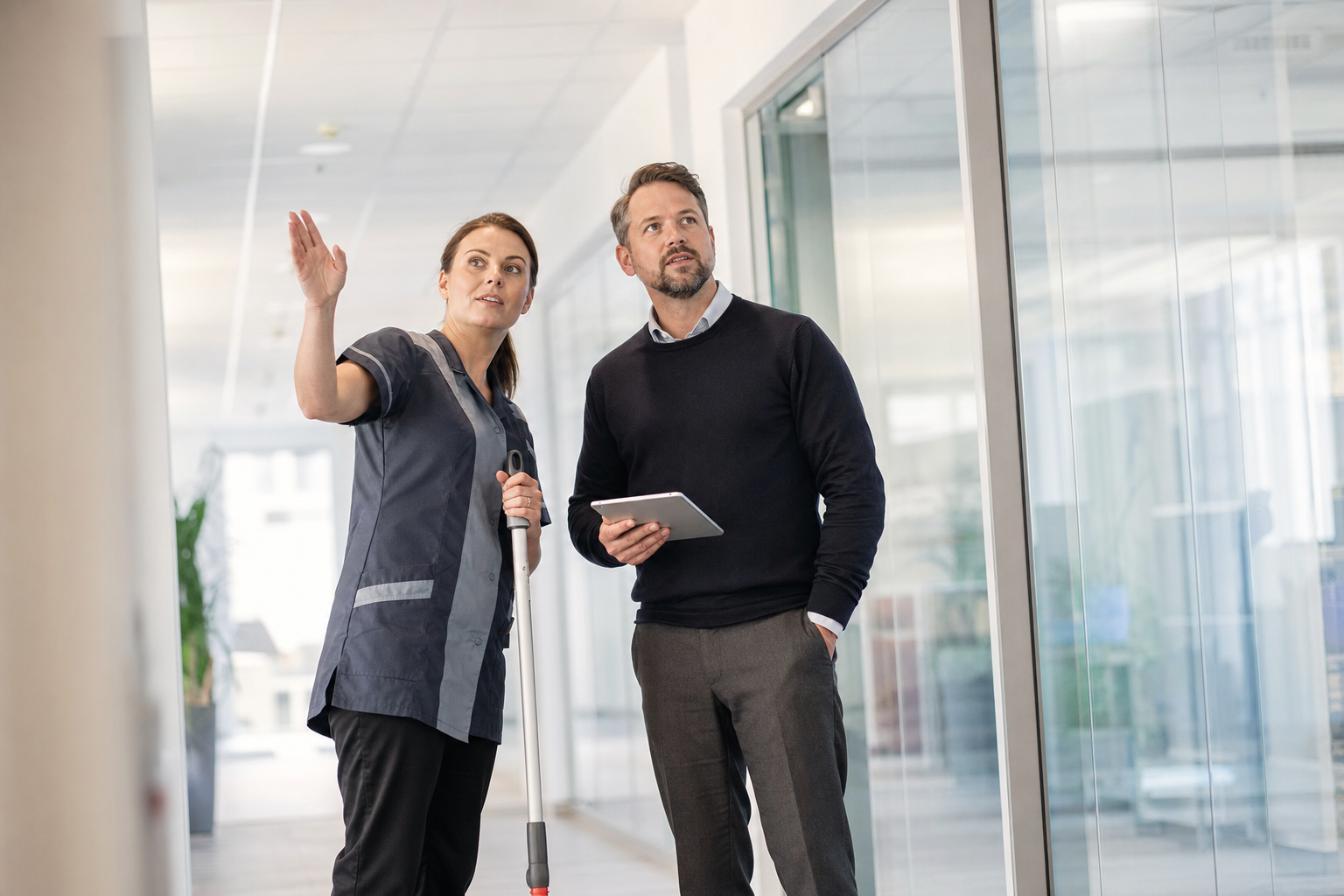 Objektleiterin und Facility Manager bei einer gemeinsamen Begehung eines Bürogebäudes