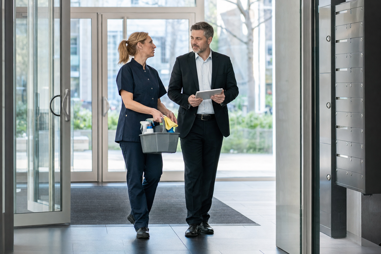 Objektleiterin und Facility Manager bei der gemeinsamen Kontrolle eines gereinigten Eingangsbereichs