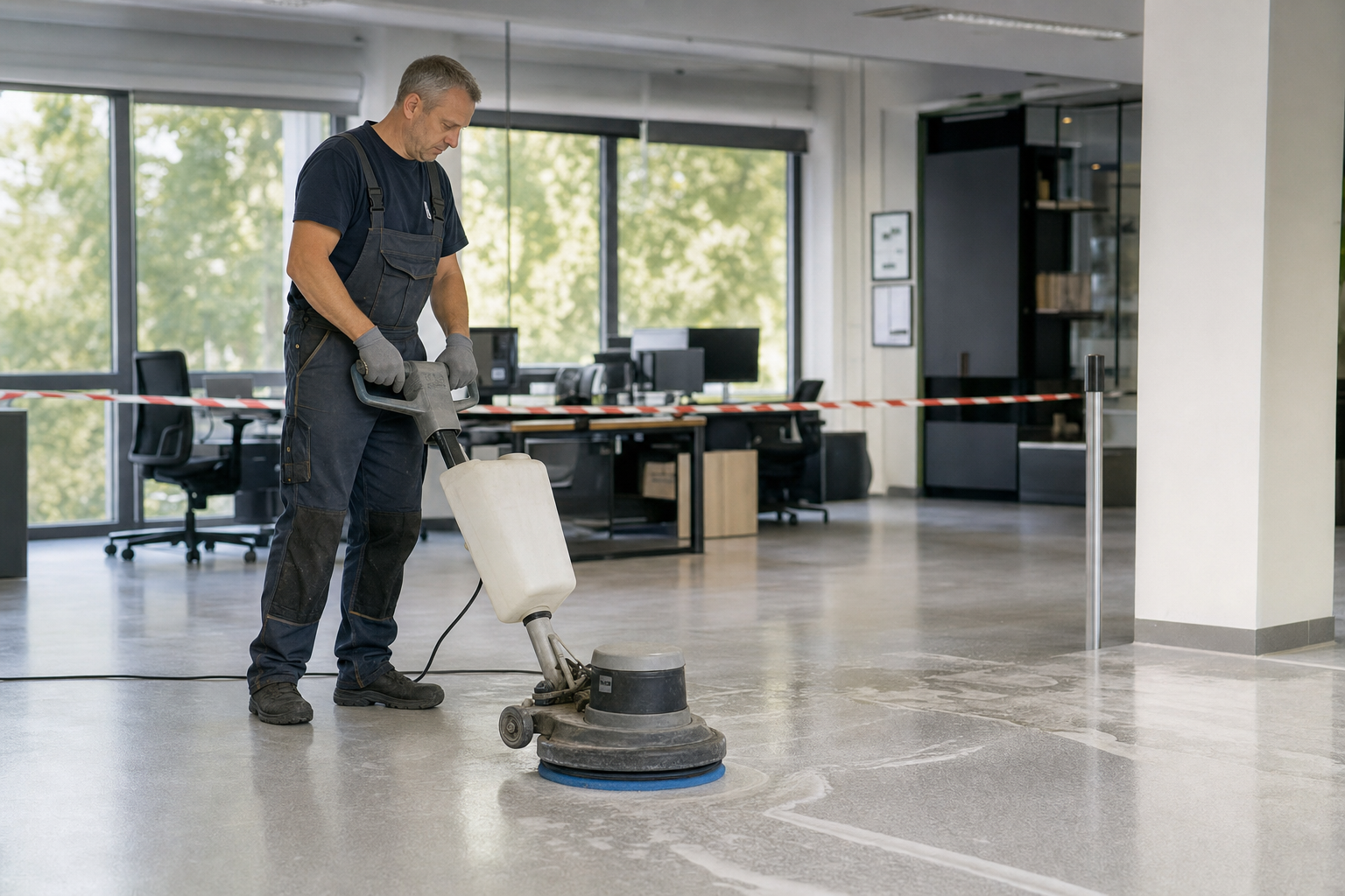 Reinigungsfachkraft bearbeitet einen PVC-Boden mit einer Einscheibenmaschine