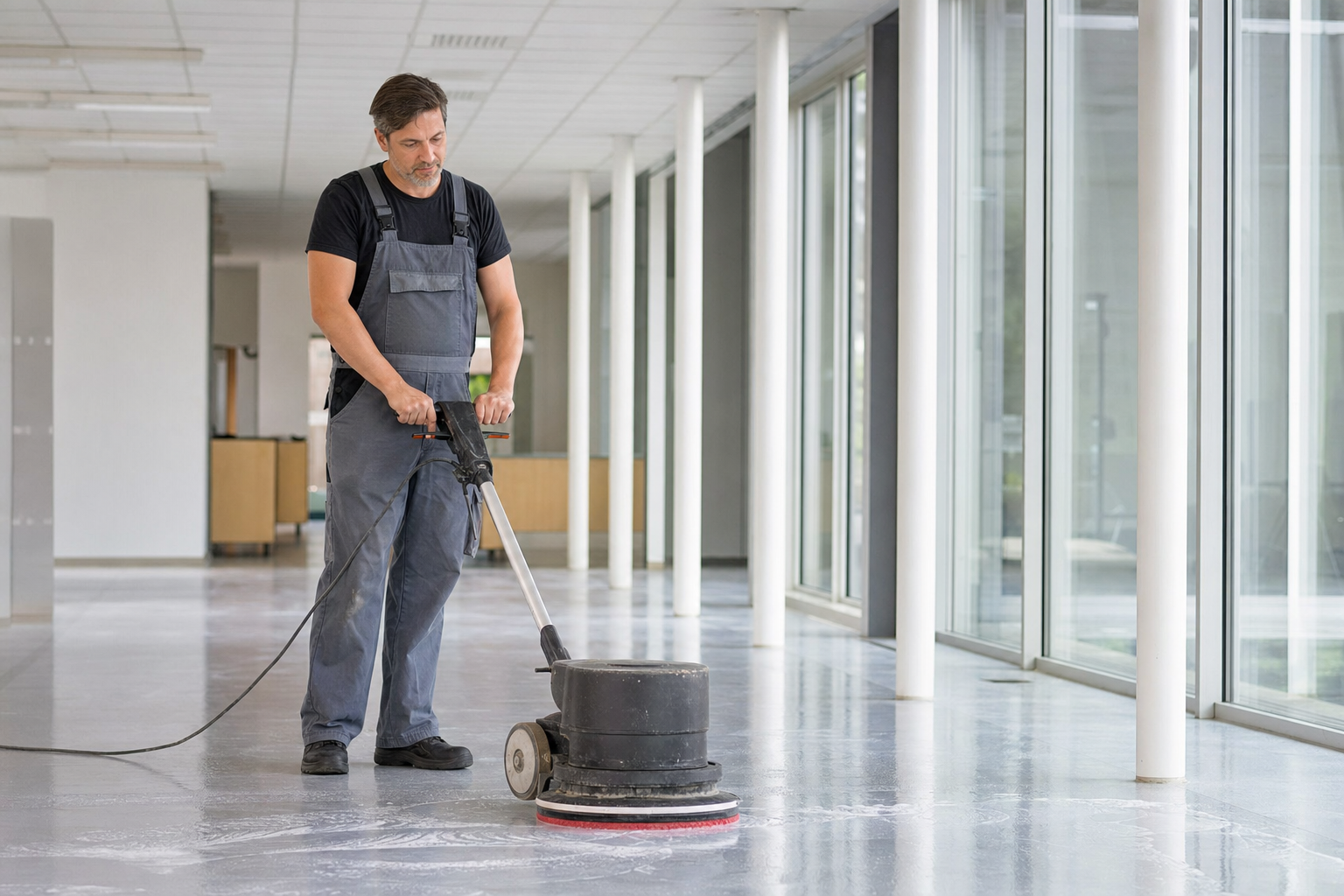 Reinigungskraft bearbeitet einen PVC-Boden mit einer Einscheibenmaschine