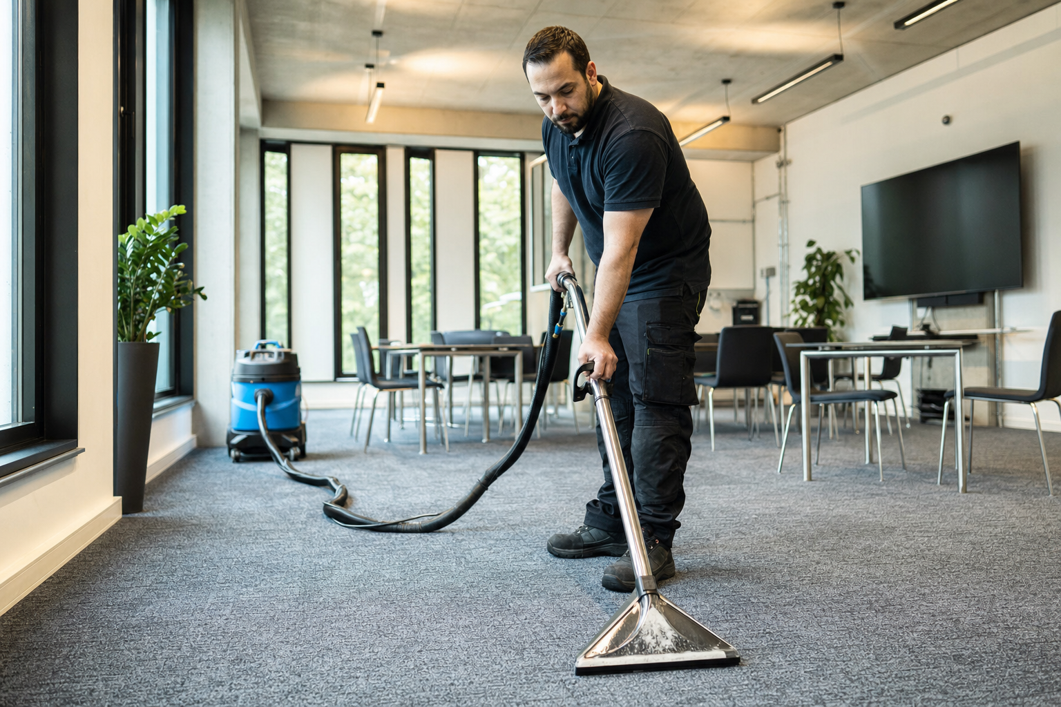 Mitarbeiter bei der professionellen Reinigung eines großflächigen Teppichs in einem Berliner Büro