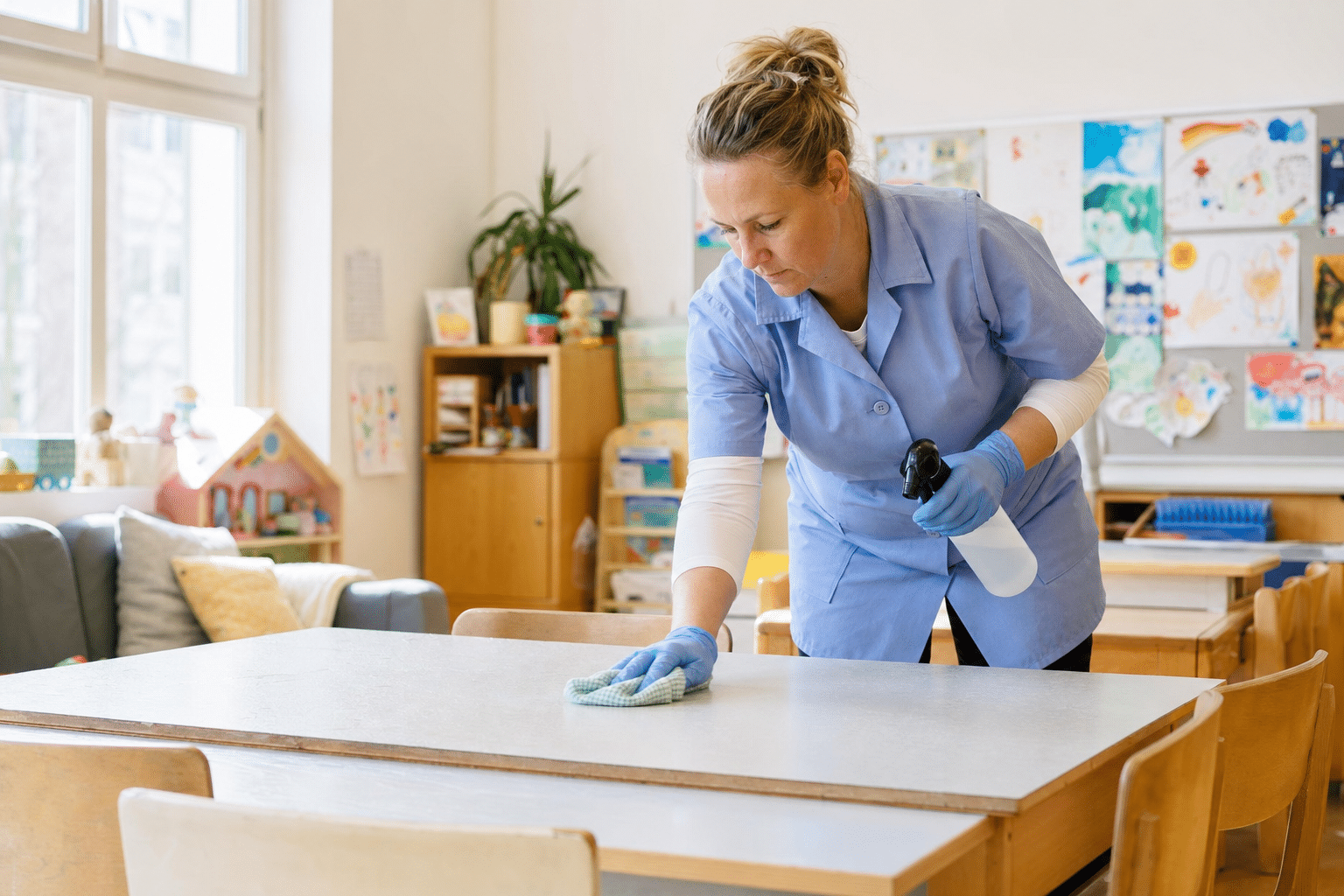 Geschulte Reinigungskraft wischt desinfizierend eine Arbeitsfläche in einer Berliner Kindertagesstätte
