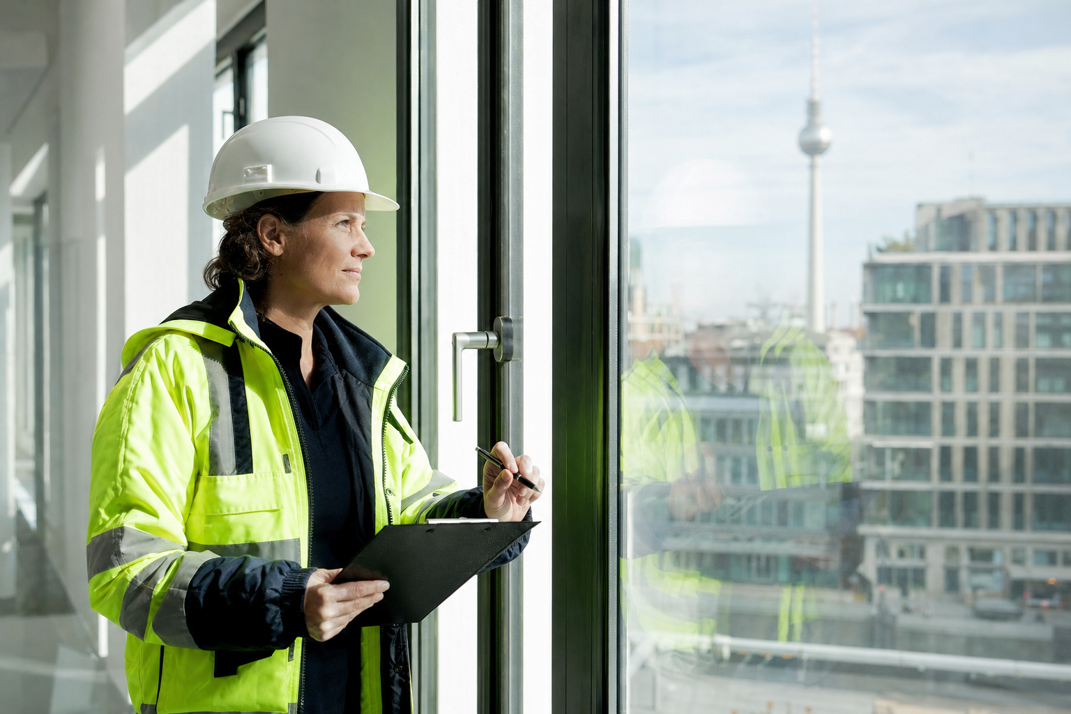 Objektleiterin kontrolliert gereinigte Fenster und Rahmen in einem hellen Berliner Bürogebäude