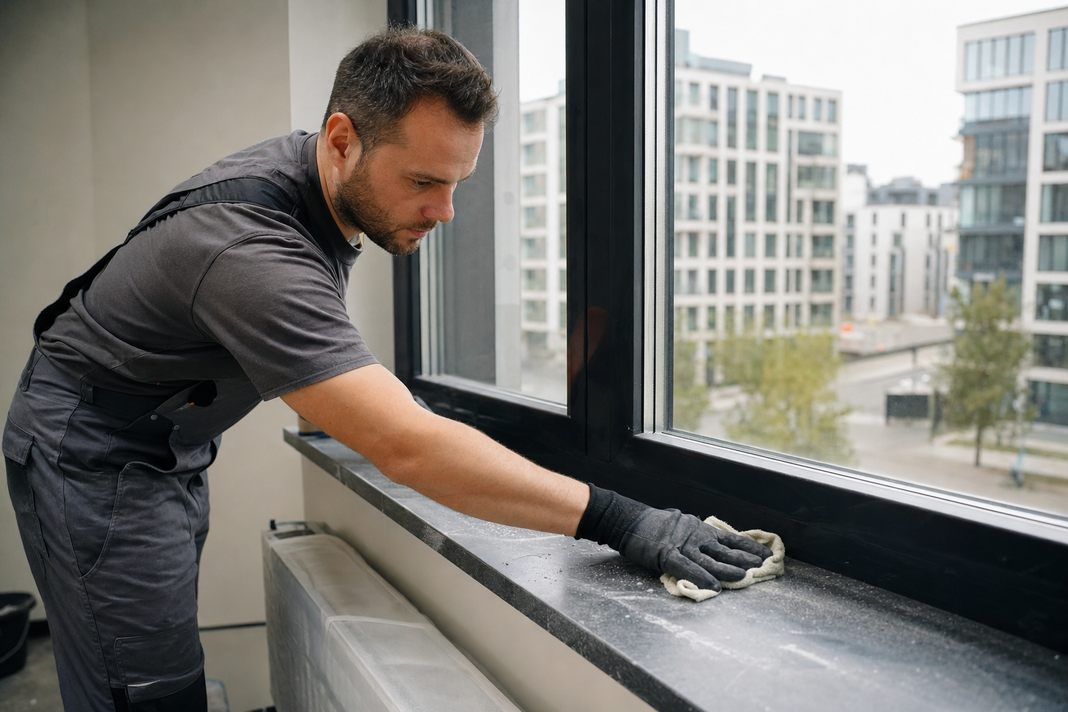 Reinigungskraft entfernt Baustaub von einer Fensterbank in einem Berliner Neubau